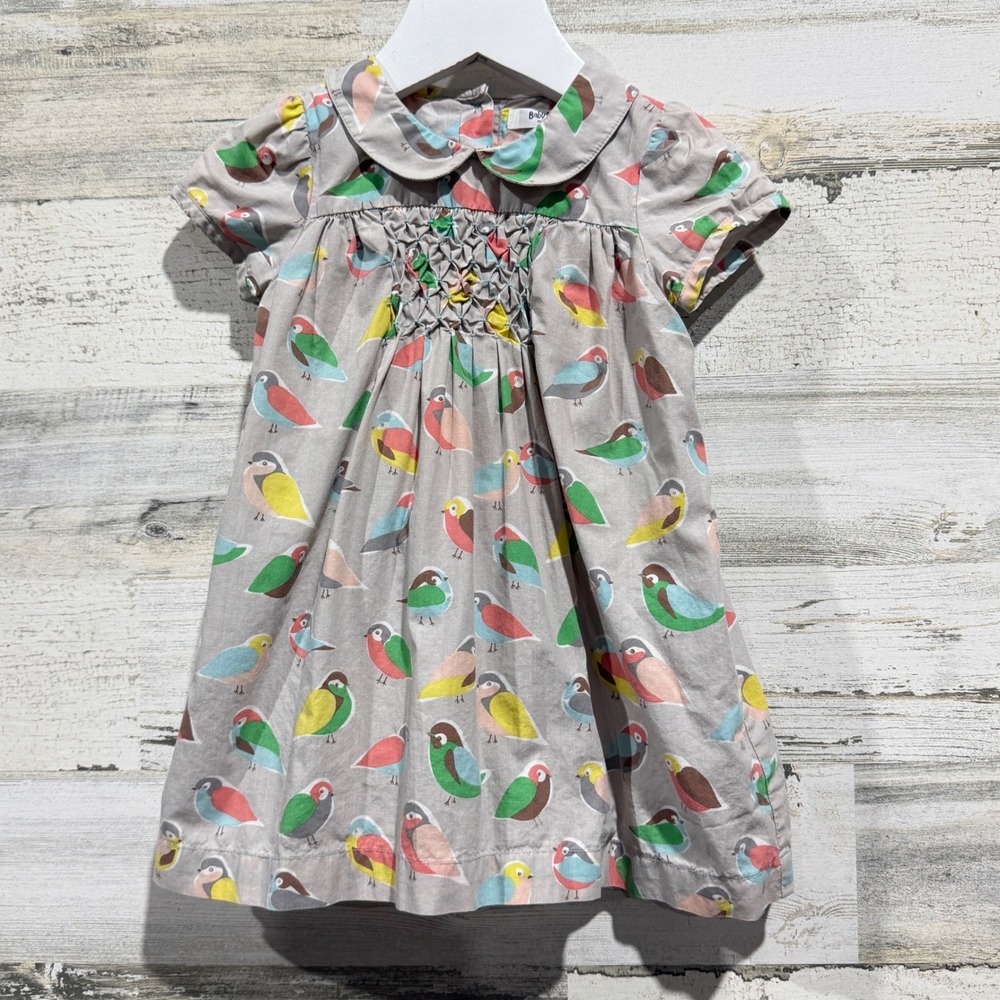 Baby Boden Bird Print Dress Girls 6-12M Grey Smocked Whimsical Cottagecore EUC